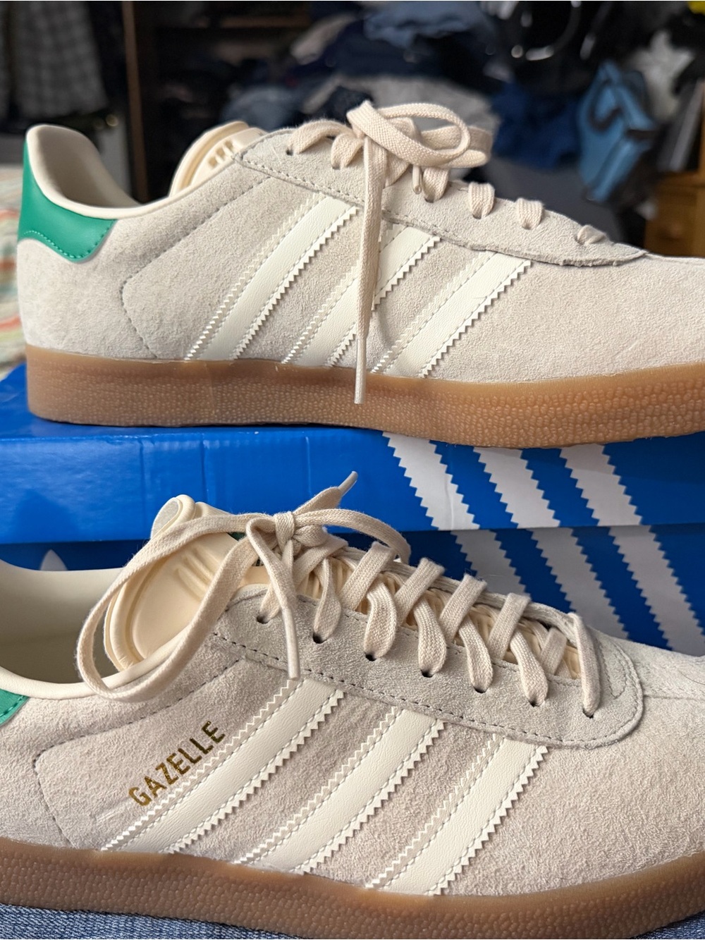 adidas Gazelle Beige Suede Sneakers with Green Heel Tab